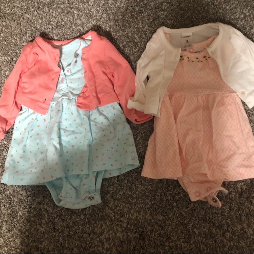 Two Infant dresses with matching cardigans